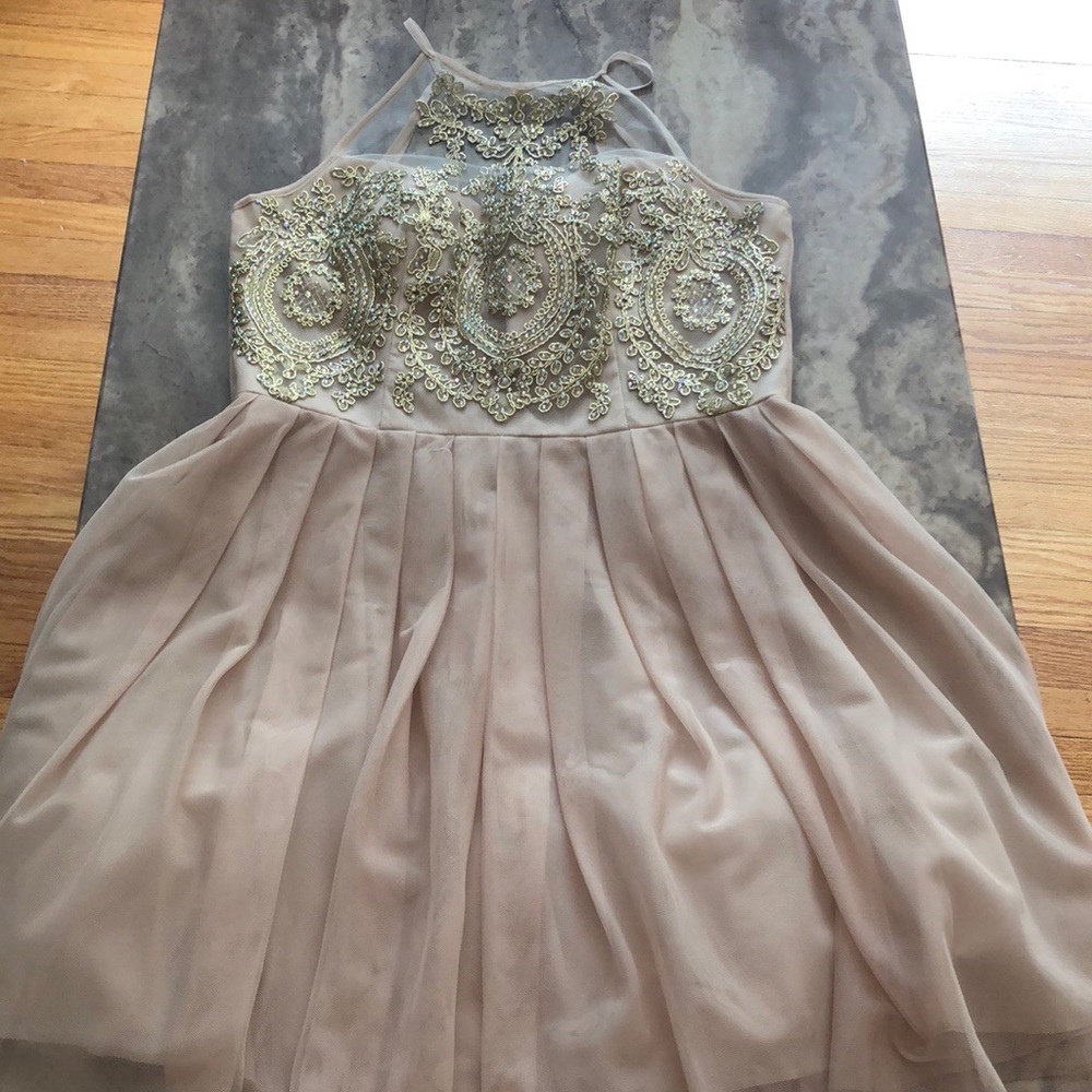 Tan and gold halter cocktail dress